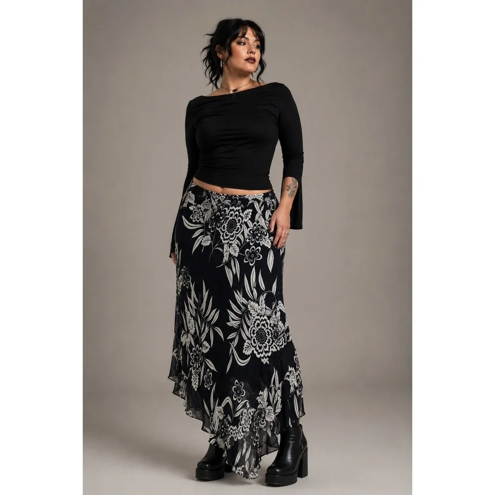 Donna Ricco Black White Floral Asymmetrical Bias Slip Midaxi Skirt 16W Y2K 90s